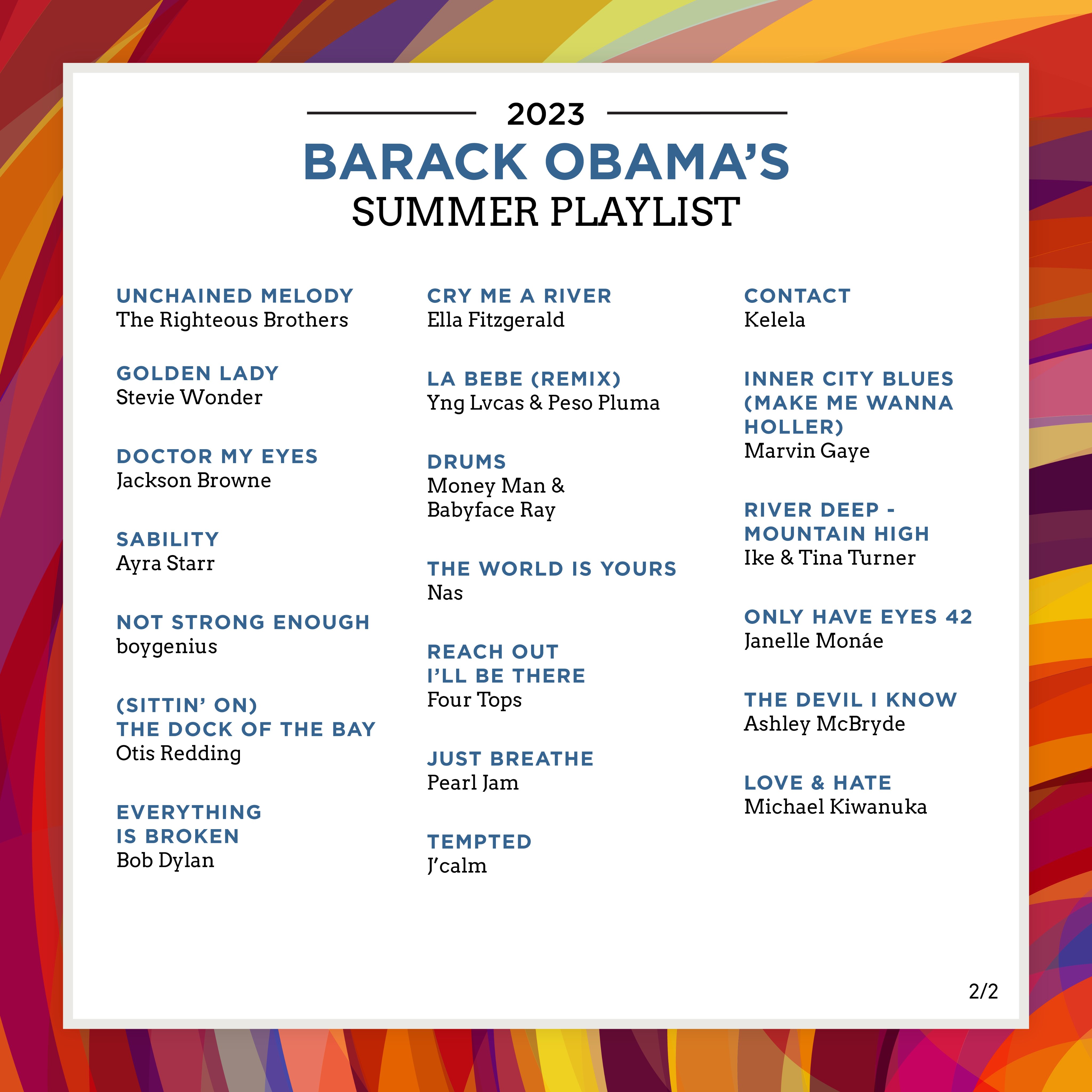 Graphic with President Obama’s 2023 summer playlist. 