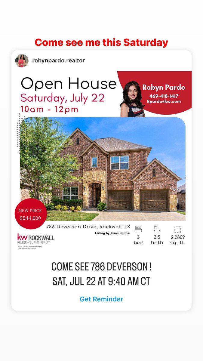 🌟OPEN HOUSE🌟
786 Deverson Drive in #rockwalltx

Come see this beautiful house this weekend, Saturday, July 22! 3bd, 3.5ba, a little over 2800sqft!!! 

If you would like to schedule a showing of 786 Deverson, please contact me at 469-418-1417 

#openhouse #dfw #sellingdallas