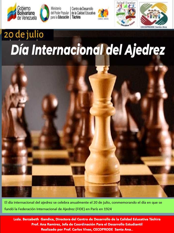 Día internacinal del Ajedrez
@MPPEDUCACION
@ZonaEducTachira
<a href="/NicolasMaduro/">Nicolás Maduro</a>
<a href="/yelitzePSUV_/">Yelitze Santaella</a>
<a href="/berzabethg1/">Berzabethgandicaoficial</a>
<a href="/COMUNIDADESED15/">DIV. COMUNIDADES EDUCATIVAS TÁCHIRA</a>
@SPETachira
<a href="/saludescolar2/">Salud Escolar</a>
<a href="/cordobaENGH/">CordobaGarciadeHeviaEcuela</a>
<a href="/Yasuy80/">CEI DR FCO GARCIA H.</a>
<a href="/uensimonbolivar/">U.E.N.SIMONBOLIVAR - Córdoba.</a>
<a href="/Especial13142/">Especial Córdoba</a>
<a href="/donromulogalle1/">Donromulogallegos</a>
<a href="/lavictoria2015/">Nueva Morelia</a>