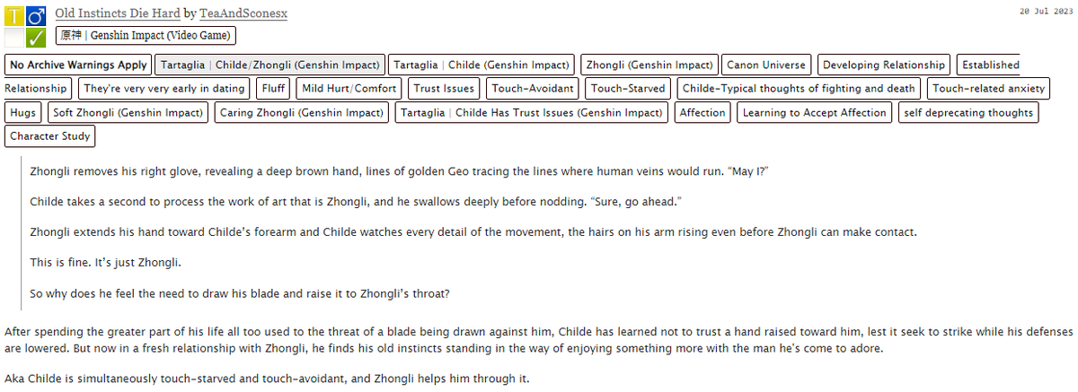 sconeswrites's tweet photo. Happy Birthday, Childe! My piece for Day 6 of Childe's B-day Bash, featuring the Trust / Fear / Tool prompt.

In which Childe is simultaneously touch-starved and touch-avoidant, and Zhongli helps him learn to accept affection. #zhongchili #childesbdaybash

https://t.co/jxwEEkn6TT https://t.co/07vLazScqM