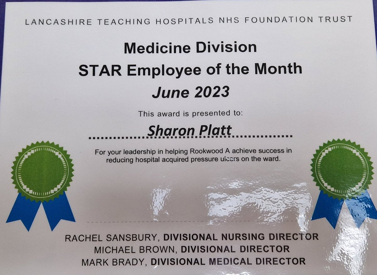 TeamRWA (@team_rookwooda) on Twitter photo Our very own Sr Sharon & her well deserved star employee of the month for her dedication & commitment to helping Team RWA reduce the number of hospital aquired pressure sores on the ward <a href="/SJSmith1983/">Sarah smith</a> <a href="/ChrisWinster/">Chris winster</a> <a href="/LancsHospitals/">Chorley & Royal Preston</a> <a href="/DDNDMedLTHTR/">DDND Team Medicine LTHTR</a> <a href="/jackie_denton1/">Jackie Murray</a> Our very own Sr Sharon & her well deserved star employee of the month for her dedication & commitment to helping Team RWA reduce the number of hospital aquired pressure sores on the ward <a href="/SJSmith1983/">Sarah smith</a> <a href="/ChrisWinster/">Chris winster</a> <a href="/LancsHospitals/">Chorley & Royal Preston</a> <a href="/DDNDMedLTHTR/">DDND Team Medicine LTHTR</a> <a href="/jackie_denton1/">Jackie Murray</a>
