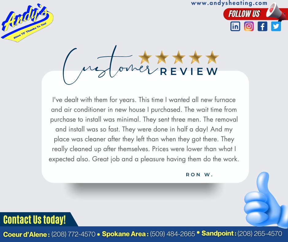 AndysHeating's tweet image. ⭐️ Shoutout to our incredible customer for the amazing 5-star review! We're overjoyed to have delivered a top-notch service.
.
.
#AndysHeatingAndCooling #TopRated #ACCheckup #SummerReady #BeatTheHeat #HVACMaintenance #DaltonGardens #Idaho