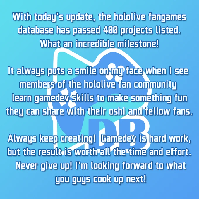 With today's update, the hololive fangames database has passed 400 projects listed. What an incredible milestone! It always puts a smile on my face when I see members of the hololive fan community learn gamedev skills to make something fun they can share with their oshi and fellow fans. Always keep creating! Gamedev is hard work, but the result is worth all the time and effort. Never give up! I'm looking forward to what you guys cook up next!