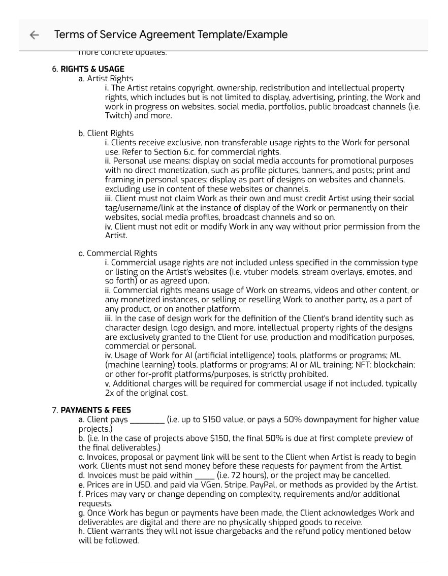 keyokku's tweet image. ✨ TERMS OF SERVICE AGREEMENT TEMPLATES AND BREAKDOWN FOR ARTISTS AND CLIENTS ✨

there is a discussion going on about personal vs commercial use as well as a lot of people who are confused and misinformed about who owns commission artwork.

this is an extensive legal style terms…