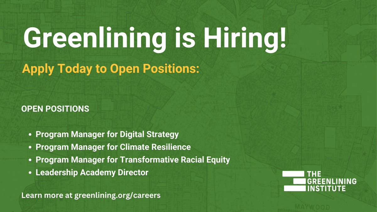 Greenlining's tweet photo. Our team is growing! Interested? We're hiring for several open positions:
✅ Program Manager for Digital Strategy
✅ Program Manager for Climate Resilience
✅ Program Manager for Transformative Racial Equity
✅ Leadership Academy Director https://t.co/fRRFNbw3e7