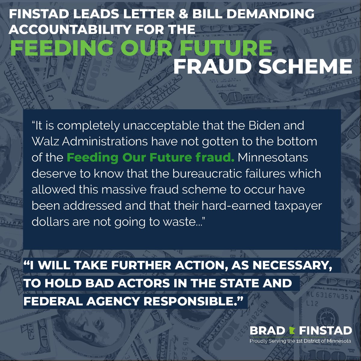 Today, I led a letter to <a href="/USDA/">Dept. of Agriculture</a> and introduced legislation demanding accountability and transparency from <a href="/POTUS/">President Donald J. Trump</a> and <a href="/GovTimWalz/">Governor Tim Walz</a> for the Feeding Our Future fraud scheme that cost American taxpayers hundreds of millions of dollars. Read the full press release on my website.