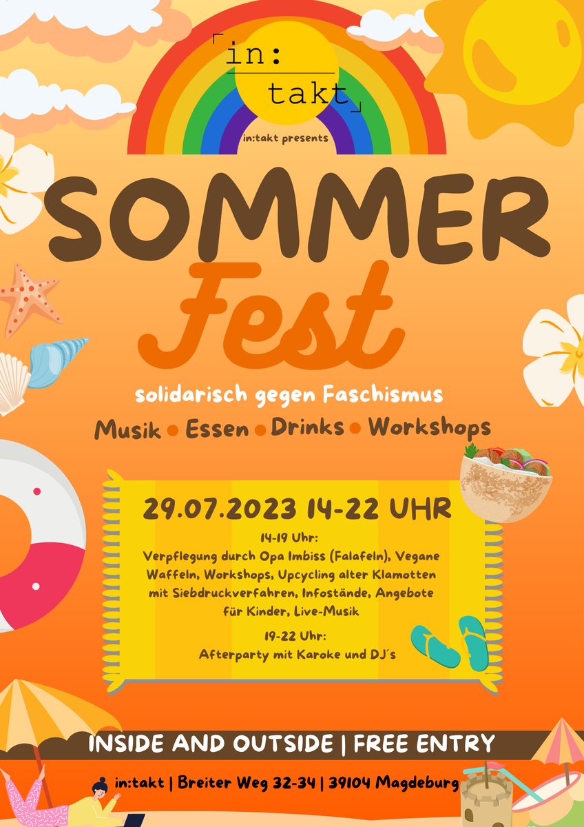 Das in:takt veranstaltet am 29.07.23 von 14 bis 22 Uhr ein Sommerfest. Die Angebote variieren von kostenlosen Waffeln, Musik und Drinks bis zu Workshops oder Upcycling durch Siebdruck, bevor es ab 19 Uhr mit einer Afterparty mit Karaoke weitergeht!

Wir freuen uns auf euch! 💛