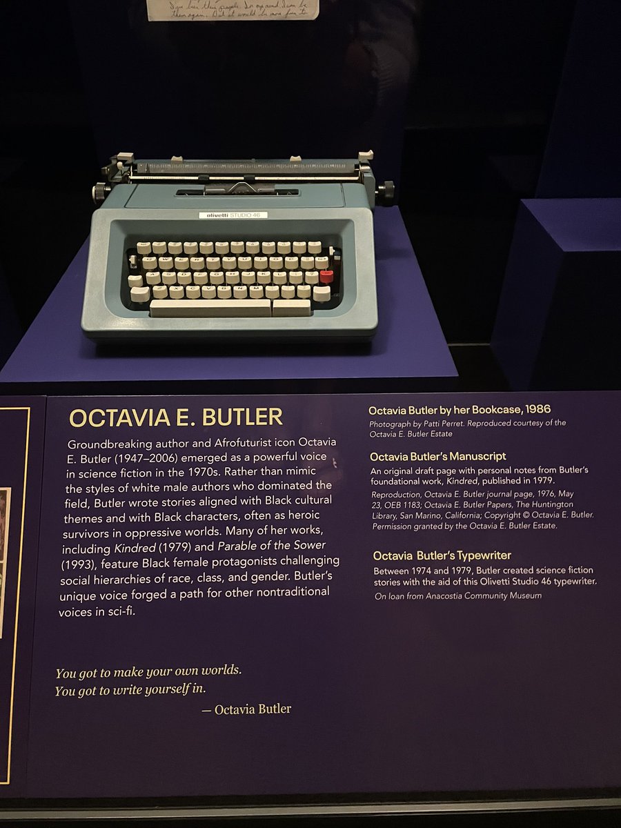 KatColeReads's tweet photo. The Afrofuturism exhibit at @NMAAHC was incredible. If you are still in town for #IREL23 try to fit it in while in DC. Octavia Butler’s typewriter + handwritten note was ❤️. Already thinking about a display for our @NESlibrary using these postcards paired with some 🔥 books. https://t.co/j61O7lFZtX