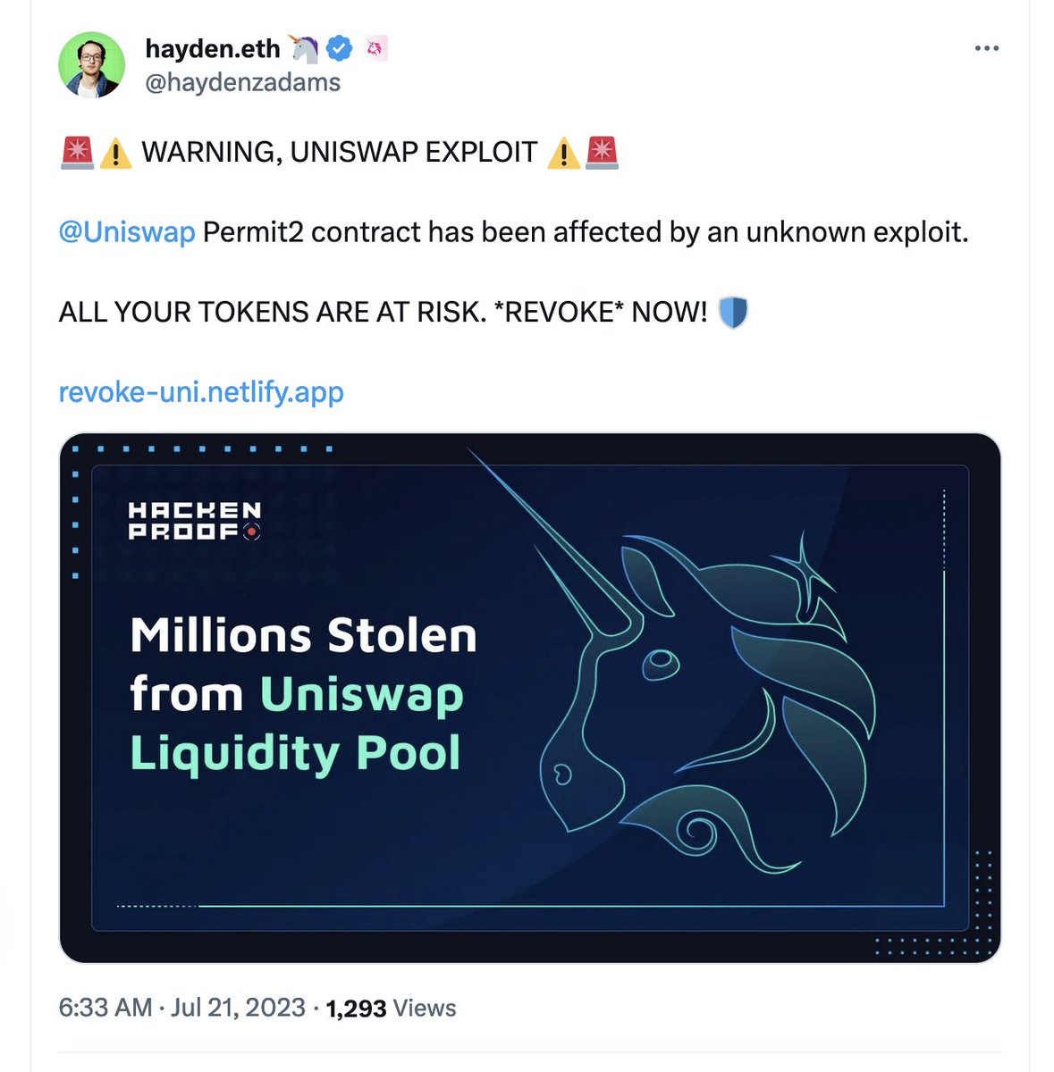 PSA: Hayden Adam's Twitter account has been compromised. Don't click on the links
