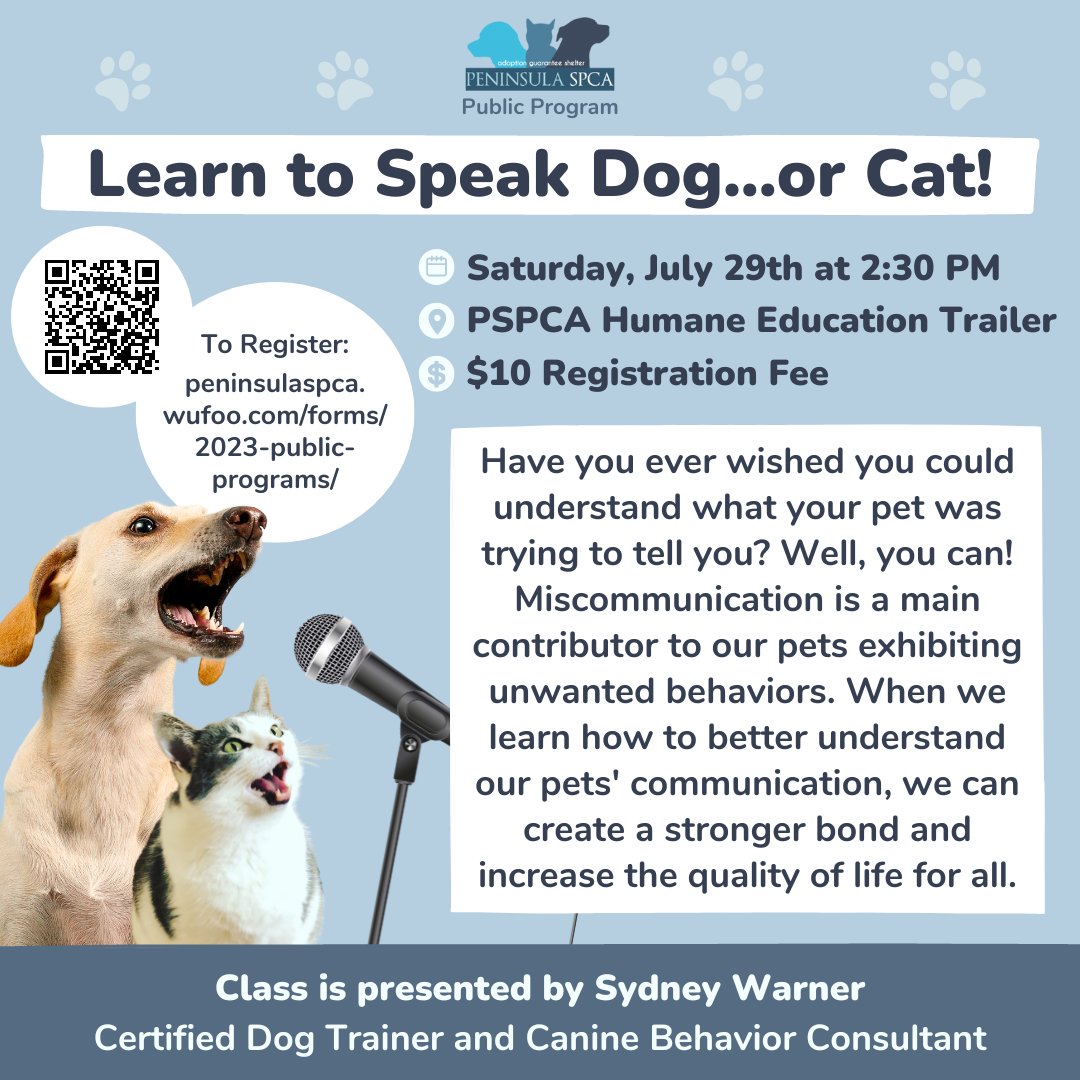 PeninsulaSPCA's tweet photo. Two NEW amazing classes just for pet parents coming up! Limited spots remaining and only $10 to register!

🎤 Learn to Speak Dog...or Cat on July 29th
🛁 Fun with Vet &amp; Grooming Care on August 6th

Register here: https://t.co/UrKbv8hAxc https://t.co/XwBZWdWuVD