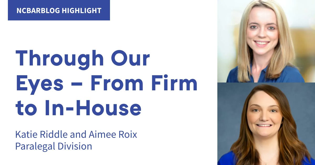 NCBAorg's tweet photo. Paralegals perform a wide range of services that are not solely applicable to work in a law firm. Read about new doors for opportunity across the legal field from Katie Riddle and Aimee Roix on the #NCBarBlog: https://t.co/9ikQDH03cT. https://t.co/5KPxYlTIEd