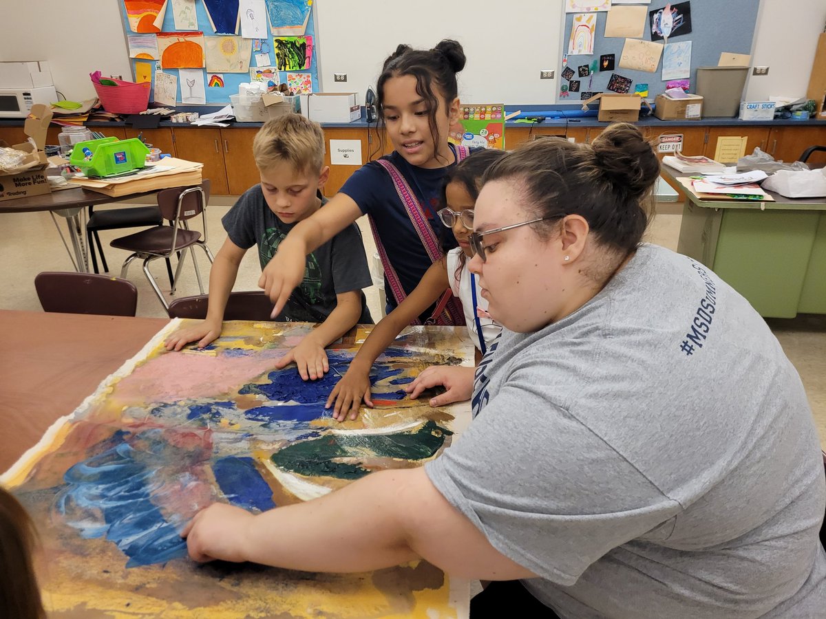 CEColeArt's tweet photo. This week we learned about abstract art in art camp! We started by getting to take a look at Miss Carmen's art and feeling the textures of the paint in her work. Then we worked on creating the first layer of our own abstract paintings! #msdsummerstyle https://t.co/cixMTYvyry