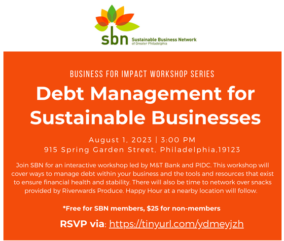 Want to learn how to manage debt within your business? Join @sbnphila on August 1st at 3:00pm for an interactive workshop featuring M&T Bank and PIDC. Click the link below to register! ⬇️ sbngreaterphilly.app.neoncrm.com/np/clients/sbn…