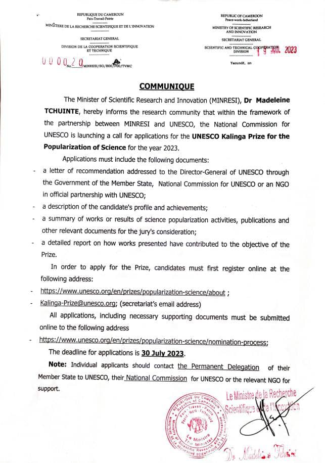 MINRESI_CM's tweet photo. Call for applications for the 2023 UNESCO Kalinga Prize for the Popularization of Science. https://t.co/NpzjJhXUiQ