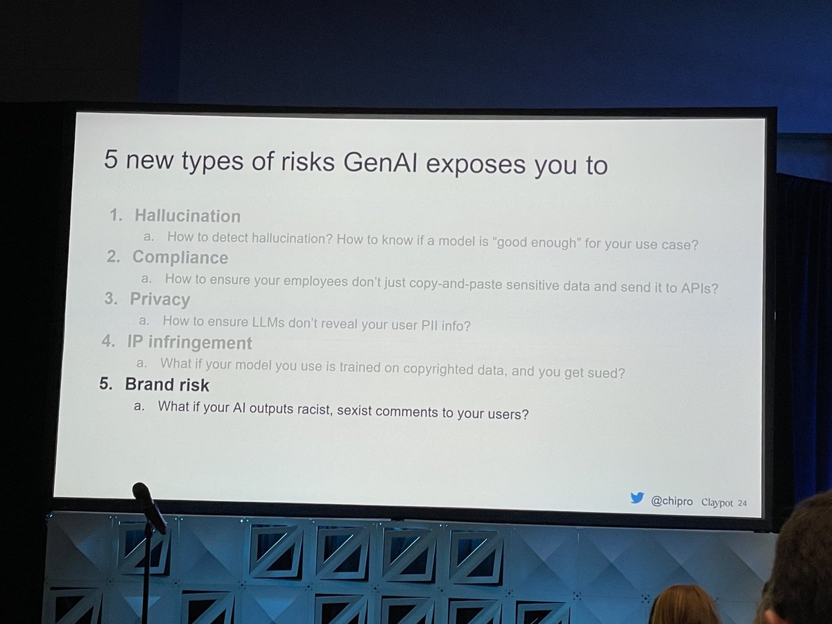 tgwilson's tweet image. Nice set of five categories of risk of using generative AI from ⁦@chipro⁩ @ #DataConnect2023