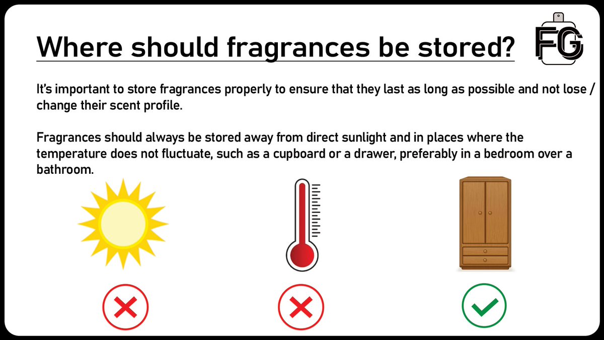 FragGuides's tweet photo. Where should fragrances be stored?

We all want our fragrances to last as long as possible, here's a simple guide on how to store fragrances properly 👇#fragrance #cologne #perfume https://t.co/mZebbg3NsD