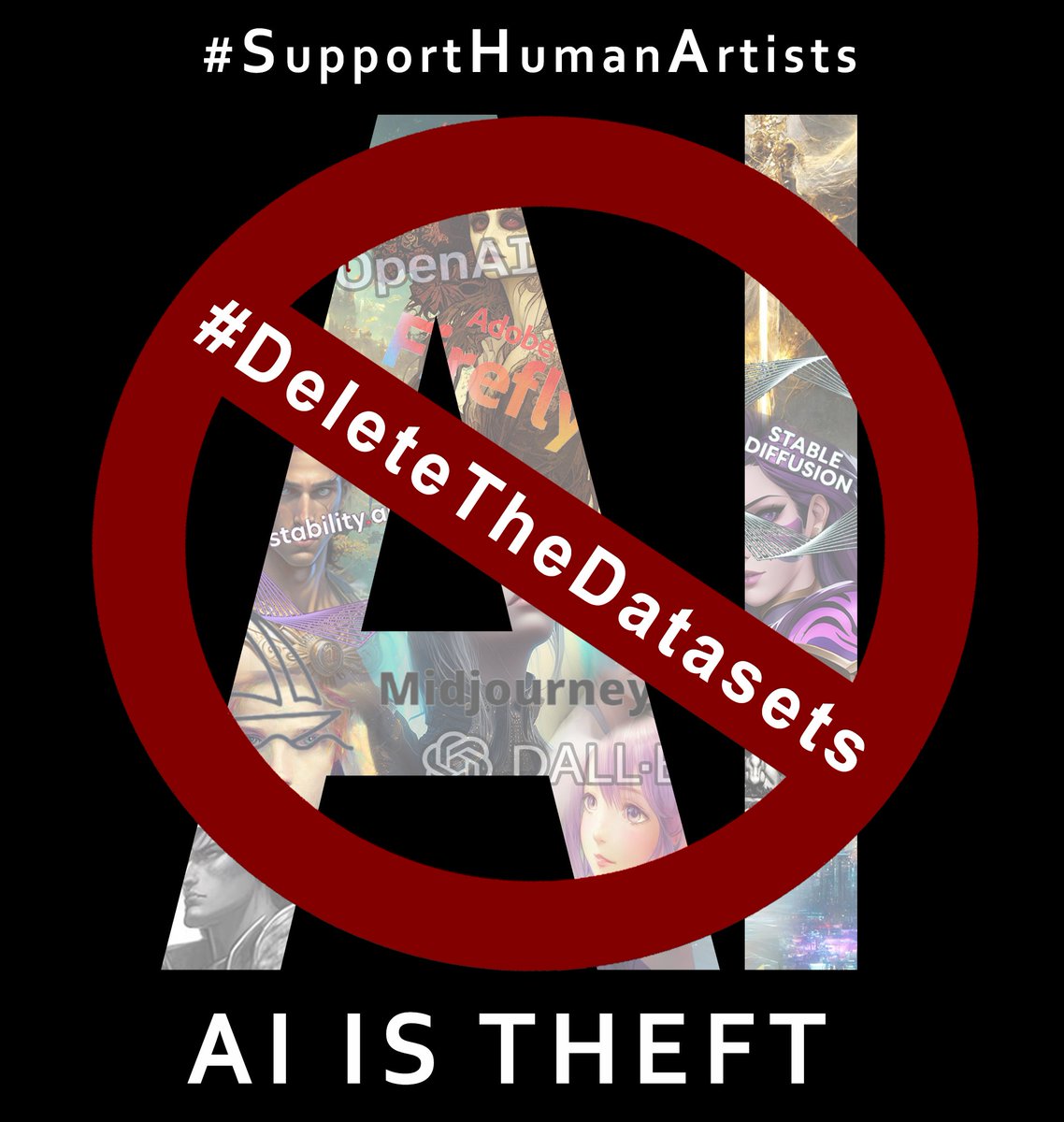 Round 2 : #DeleteTheDatasets 1/5) AI illegally scrapped the web and gathered artwork, photographs, writing, voices & more. Used those stolen goods and packaged it up to resell to the world - to compete in the same markets they stole from. AI is unethical, immoral, and exploitive