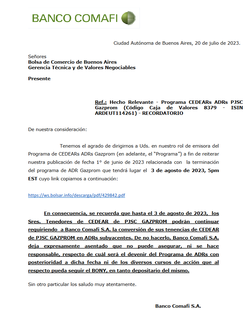 Sickboy_Galpon's tweet photo. #OGZD CEDEAR GAZPROM - Comafi informa que hasta el 3 de agosto hay tiempo para pedir la conversiòn del CEDEAR en ADR.
Leer adjunto completo ! https://t.co/SW9vPCut8e