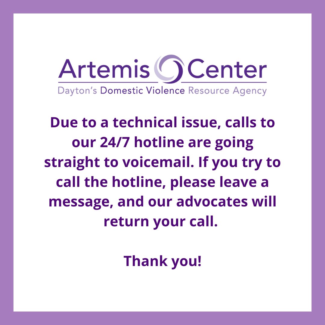Due to a technical issue, calls to our 24/7 hotline are going straight to voicemail. If you try to call the hotline, please leave a message, and our advocates will return your call. 

Thank you!