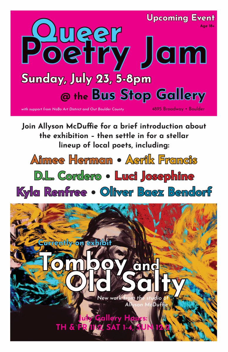 So excited for this fantastic line up of poets. Join us this Sunday for an unforgettable night of queer art and poetry. Bus Stop Gallery 5-8pm