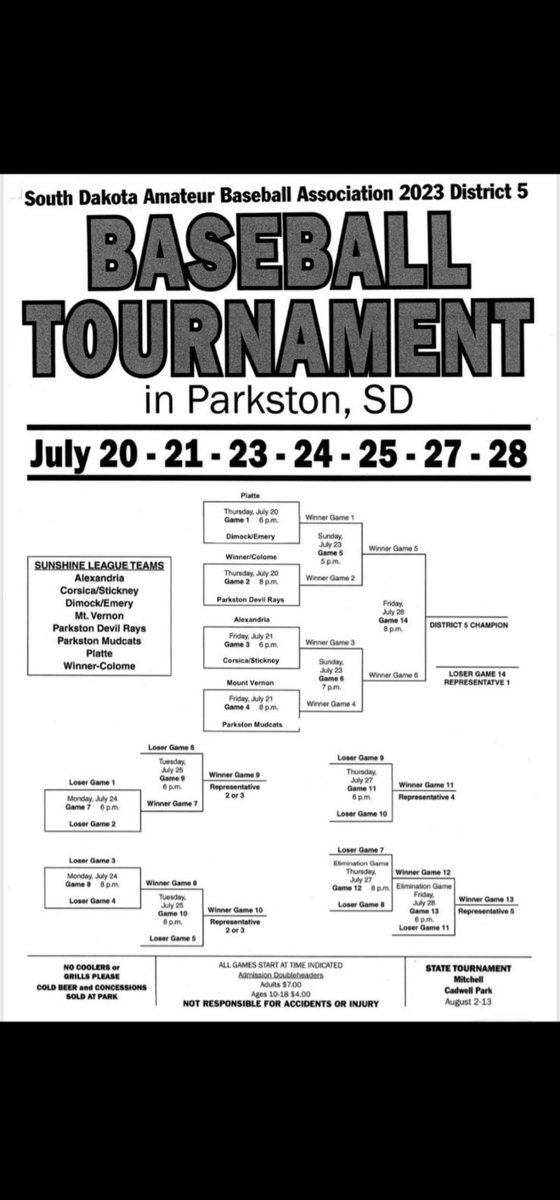 The Sunshine League Tournament starts today! All games will be broadcasted on Santel and on Trojan Sports Live on YouTube! <a href="/Parkston_Rays/">Parkston Rays</a> <a href="/ParkstonMudcats/">Parkston Mudcats</a> <a href="/AlexAngelsBB/">Alex Angels</a> <a href="/CS_HornedFrogs/">Corsica Horned Frogs</a> <a href="/WCPheasants/">Winner/Colome Pheasants ⚾️</a> <a href="/MVamateur/">MV Mustangs</a> <a href="/PlatteKTs/">Killer Tomatoes</a> <a href="/DE_baseball/">Dimock-Emery Raptors</a> 

youtube.com/@trojansportsl…