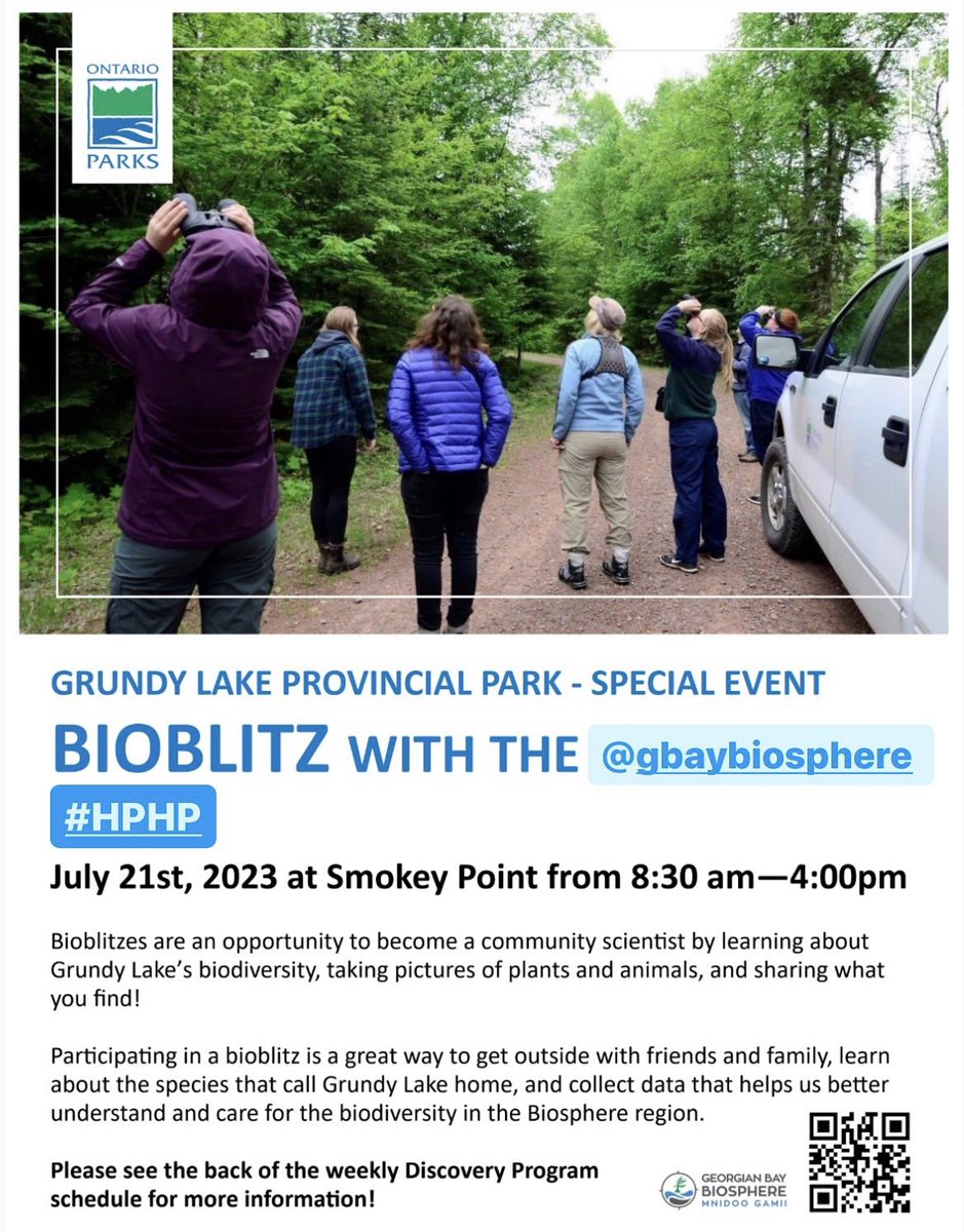 Join us tomorrow at Smokey Point from 8:30am - 4pm for our #HPHP Bioblitz with the <a href="/GBayBiosphere/">Georgian Bay Biosphere</a>! 🦅🐢🐍🦋🌷

The more species present in an environment, the higher the biodiversity of that environment and the better its health! Time in nature can benefit us all! 🌎