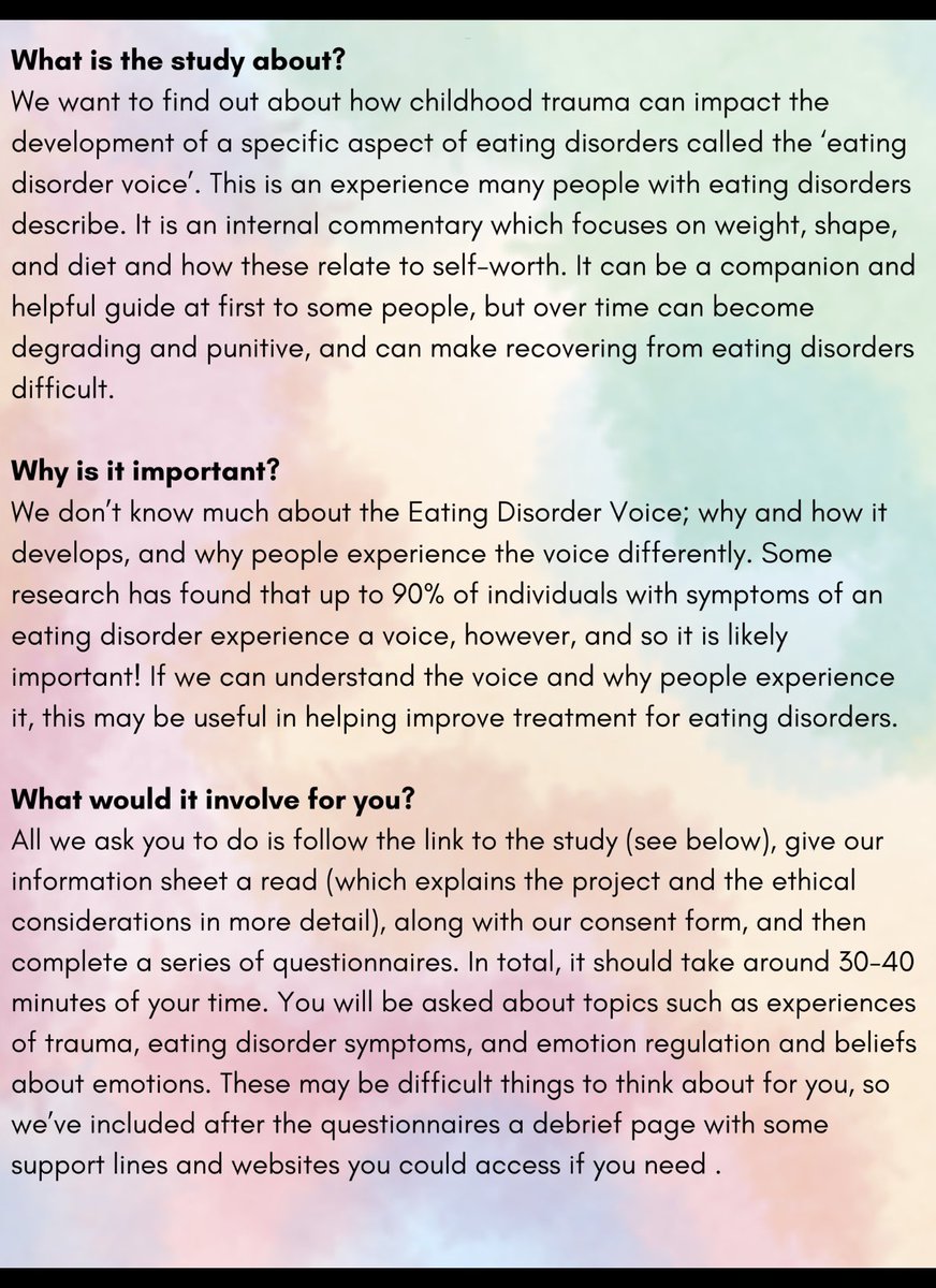 I’m researching the eating disorder voice (EDV) experience- please share this advert if you can! I’d be so grateful. And if you’re over 18 and have experience of an EDV, follow this link to find out more: cardiffunipsych.eu.qualtrics.com/jfe/form/SV_2r…