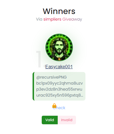 recursivePNG's tweet photo. winner is @Easycake001! congratz 

giveaway results: https://t.co/hM9tO6atSZ

tx id: https://t.co/8Bv3J28LJu https://t.co/QhE6acn1Fm