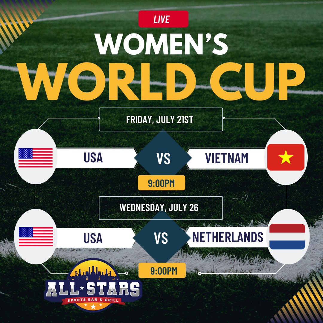 Don't miss our #USA team playing tomorrow against Vietnam at 9pm! #WomensWorldCup2023 Watch here at All Stars #Sportsbar and Grill!