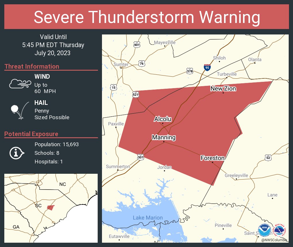 NWS Columbia on Twitter "Severe Thunderstorm Warning including Manning
