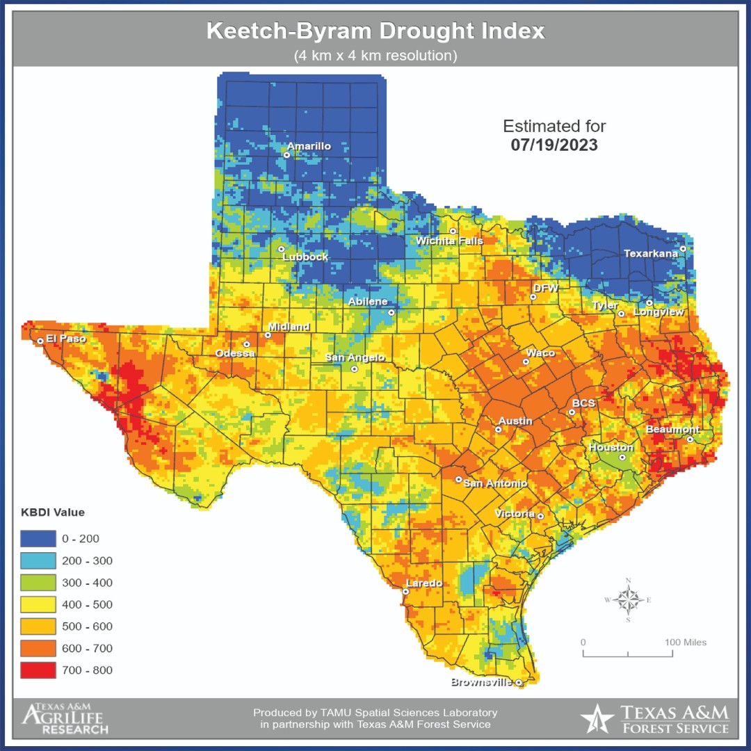 TexasDeptofAg's tweet photo. The number of Texas counties with burn bans is 102, and our drought index is 400 - 500 throughout much of the state. For real-time fire reports, visit https://t.co/bqfzACKdwT. Let's watch out for each other! #SituationBrief #TDEM #TAMU #WildfireWarning https://t.co/TrTreCGISl