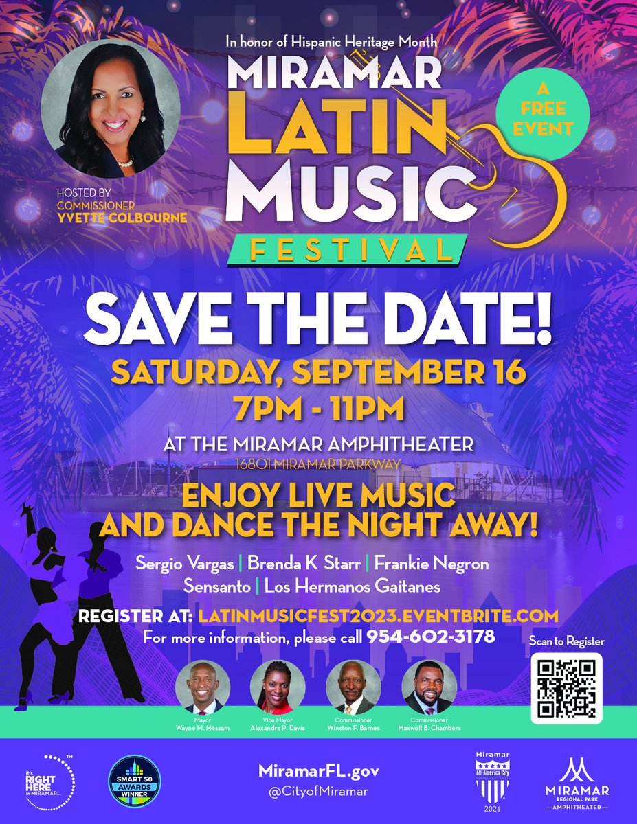 Save the date, the free Miramar Latin Music Festival is back! Hosted by Commissioner @yvettecolbourne

Salsa, Bachata, Merengue, Reggaeton, Rumba, Samba and more! 

Join as we celebrate Hispanic Heritage Month!

Sat, September 16
Miramar Regional Park Amp

https://t.co/TCEjb3O8WP https://t.co/F9svHrki7L