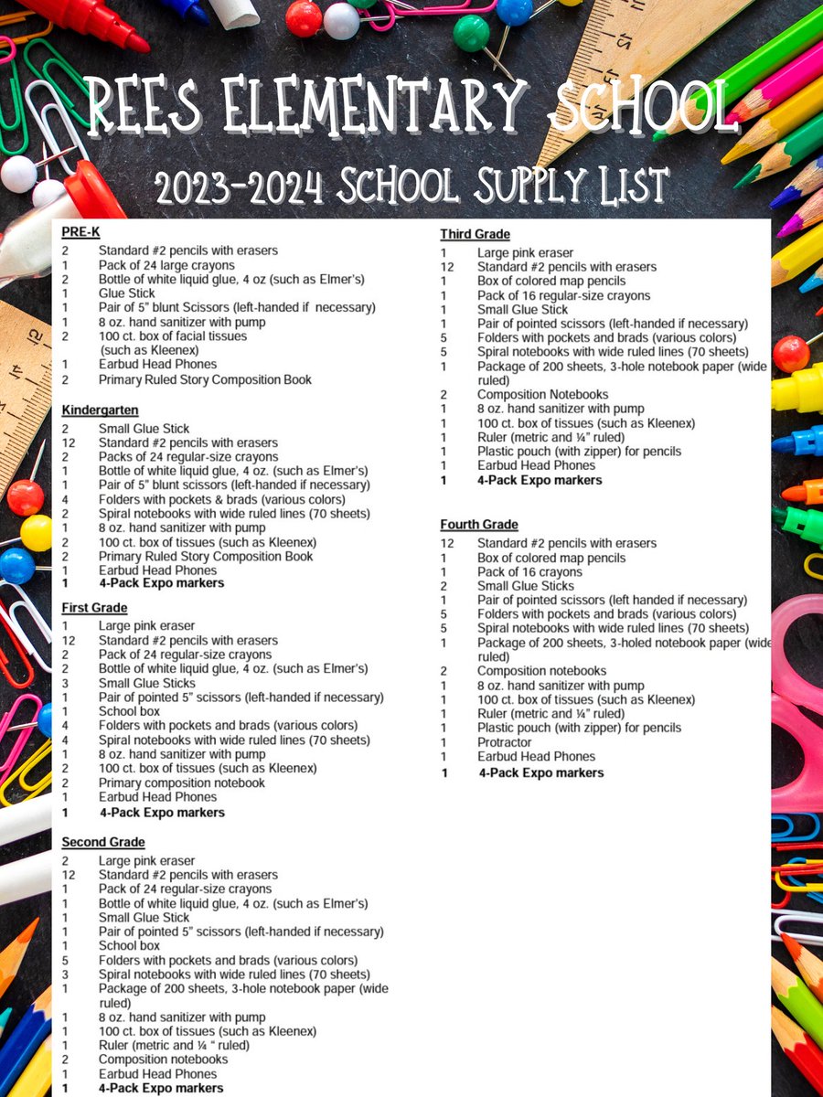 Rees Families! 🎒 Here's the school supply list for the upcoming 2023-2024 school year. 🖍️📘📏 #SchoolSupplies ✏️ #BackToSchool