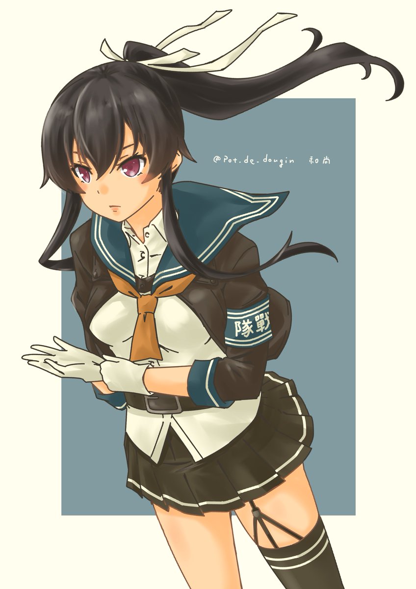 yahagi (kancolle) 1girl solo skirt black hair gloves ponytail thighhighs  illustration images