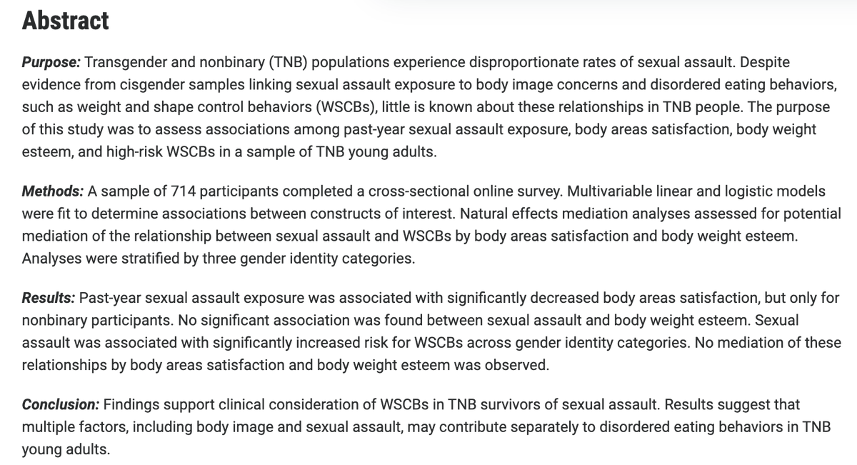 beneisenstadt's tweet photo. 😱 My first first-author publication, "Body Image and High-Risk Weight and Shape Control Behaviors Among Transgender and Nonbinary Young Adults: The Role of Sexual Assault" is out in LGBT Health! Check it out or dm for more info!
https://t.co/46pKUpJIeI https://t.co/Q4zuZV2ZC8