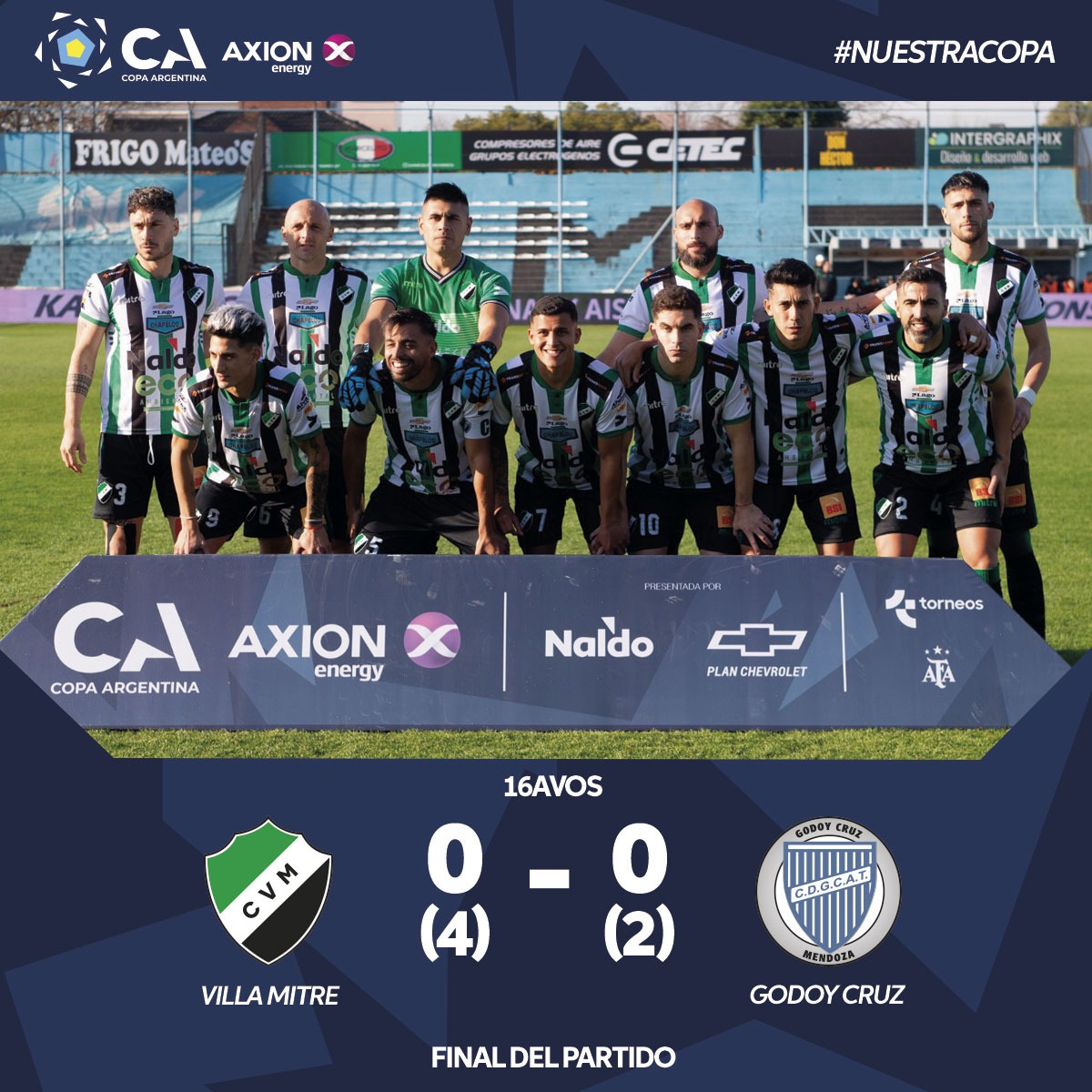 La clasificación se fue para Bahía Blanca 🟢⚪️⚫️

<a href="/VillaMitreBB/">Club Villa Mitre</a> eliminó a Godoy Cruz y accedió por segunda vez a los Octavos de Final, instancia que lo había tenido presente en 2019 💪

#CopaArgentinaAXIONenergy 🏆🇦🇷

#NuestraCopa 🙌