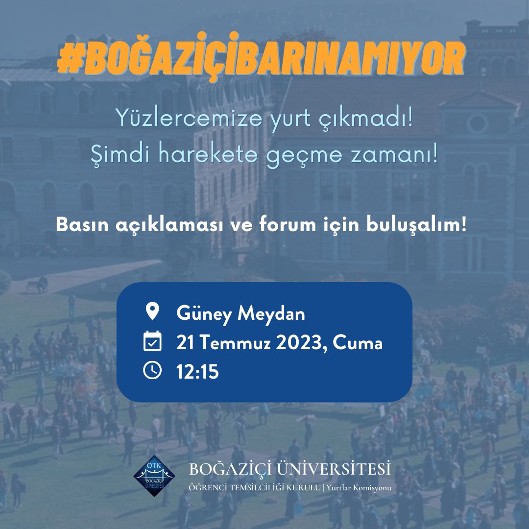 Yüzlerce öğrencisine barınma hakkını yok sayıp kelimenin tam anlamıyla sokakta yaşamaya mahkum eden Boğaziçi yönetimine karşı basın açıklamamızı gerçekleştirmek için tüm arkadaşlarımızı 12.15'te Güney Meydan'a bekliyoruz #BoğaziçiBarınamıyor
