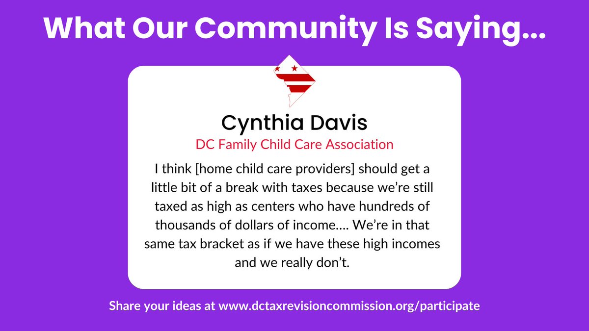 DCTaxRevision's tweet photo. We want to hear from you about improving the DC tax code! Here’s what Cynthia had to say. Tap the link below to share your own thoughts. #DCTax #DCTaxNews #DCNews #TRCNews https://t.co/fosKMv6AQa https://t.co/BJzKauABbw