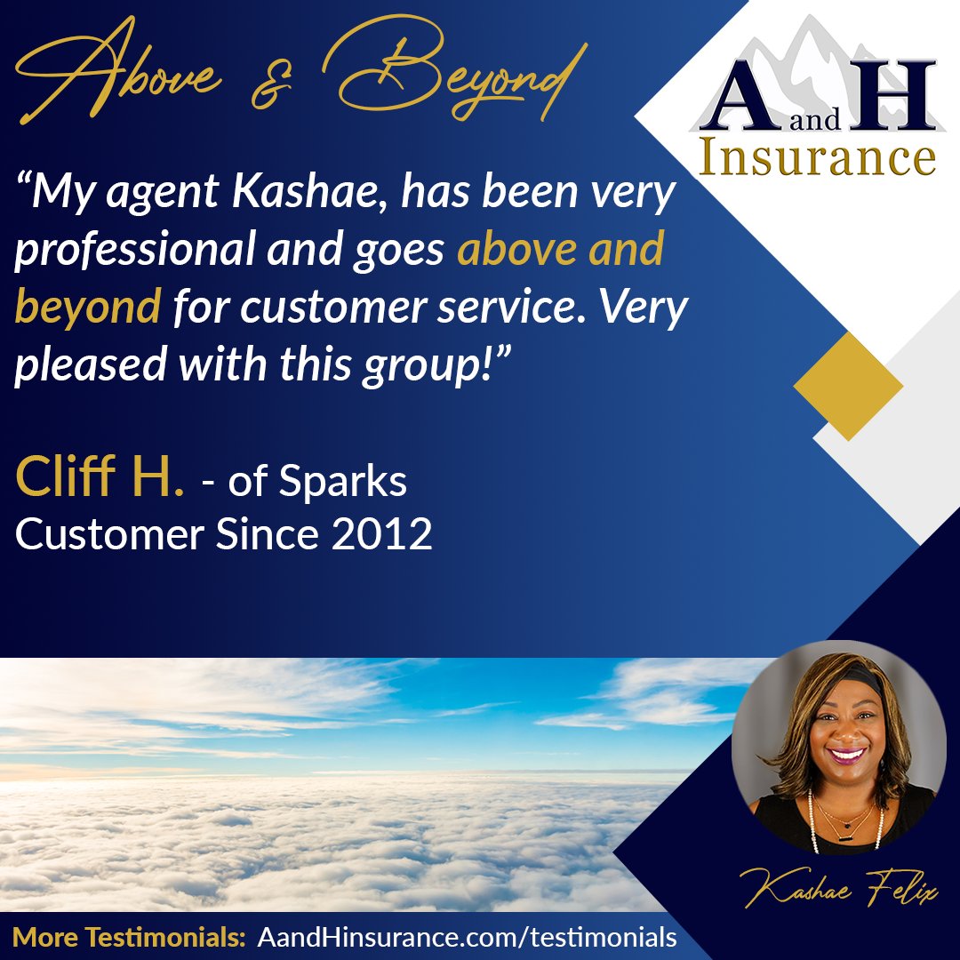 A and H has been going Above & Beyond for our clients since 1957! Thanks to Cliff of Sparks for your testimonial for Kashae! #insurance #SparksNV #SparksInsurance #personalinsurance #TestimonialThursday