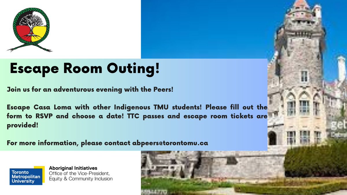 Escape Casa Loma with other Indigenous TMU students! Please fill out the form to RSVP and choose a date! TTC passes and escape room tickets are provided! This is a first come first serve basis so make sure you sign up! We hope to see you there! forms.gle/bGwqEWSr3AqrPF…