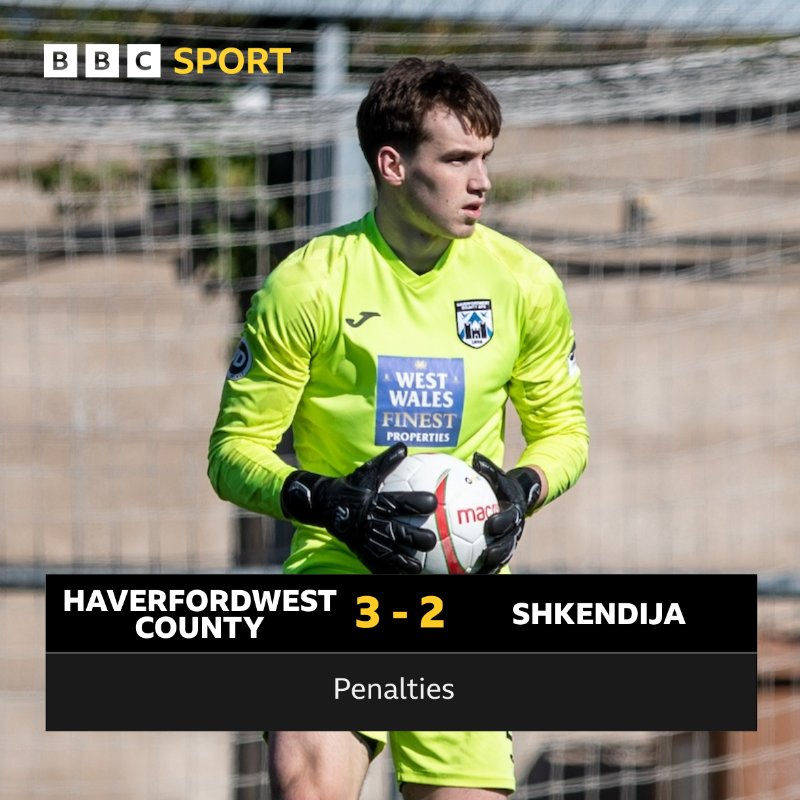 BBCSportWales's tweet photo. Zac Jones is the hero for Haverfordwest County! 🧤

The Bluebirds win 3-2 in a penalty shootout against Shkendija in the Europa Conference League ⚽️

#BBCFootball https://t.co/gxhq6Diyx9