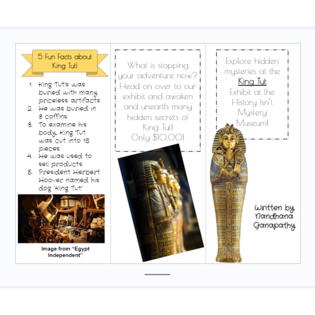 WestCler's tweet image. 👏 CONGRATULATIONS to Clough Pike student, Nandhana Ganapathy, on winning a StoryWorks contest for her King Tut brochure! Her creative layout and research are truly fit for a king! 👑 #WCconnects