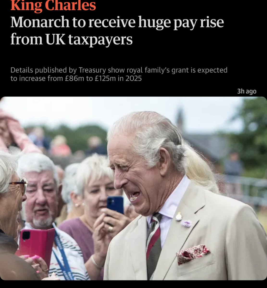 ADGCunni's tweet photo. He's laughing at you peasants, with your unfunded pay cut. It's nice to know that some of our apparently stretched public  money will pay for this corrupt parasite. #NotMyKing https://t.co/jKVWAes62M