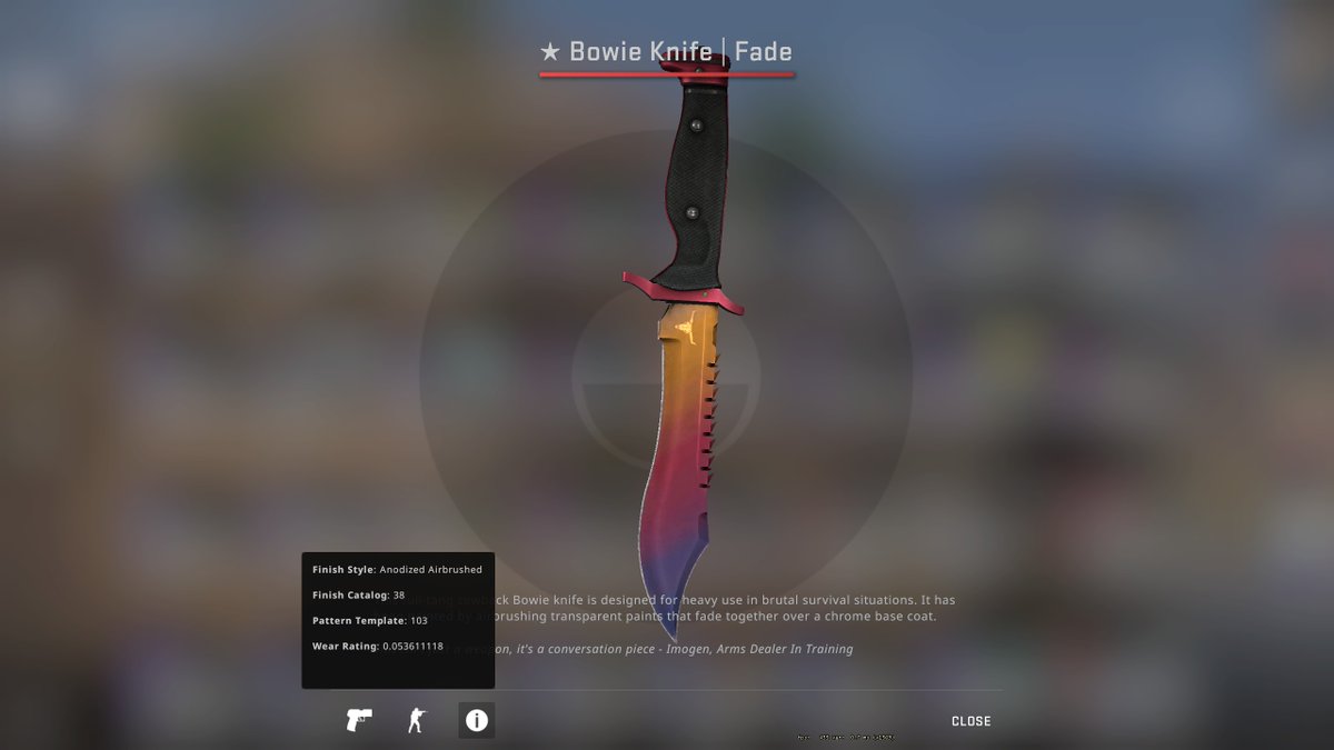 ItzBarrCode's tweet photo. CALLING ALL FELLOW HOBBYISTS: Looking to move this FN Bowie Knife Fade. .05 Float. 97% fade. Hit the DM's or reply if interested.  Selling for Crypto or Bank Transfer. https://t.co/gMN4ajDsoD