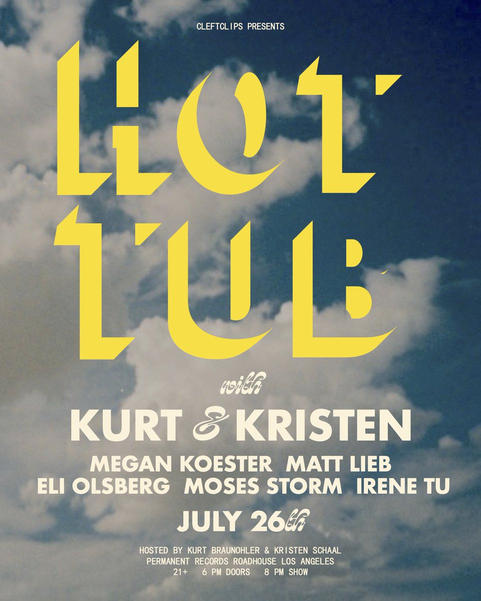 Hot Tub With Kurt & Kristen (@hottub_show) on Twitter photo Next HOT TUB is on tap July 26th at <a href="/Permanent_LA/">Permanent Records LA</a> w/ <a href="/bornferal/">Megan Beth Koester</a> <a href="/mattlieb/">Matt Lieb??</a> <a href="/EliOlsberg/">Eli Olsberg</a> <a href="/MosesStorm/">mosesstorm</a> <a href="/irene_tu/">Irene Tu</a>
Discount tix for Wednesday night: cleftclips.ticketsauce.com/e/hot-tub-with…
+ Limited early bird tix available, too! Next HOT TUB is on tap July 26th at <a href="/Permanent_LA/">Permanent Records LA</a> w/ <a href="/bornferal/">Megan Beth Koester</a> <a href="/mattlieb/">Matt Lieb??</a> <a href="/EliOlsberg/">Eli Olsberg</a> <a href="/MosesStorm/">mosesstorm</a> <a href="/irene_tu/">Irene Tu</a>
Discount tix for Wednesday night: cleftclips.ticketsauce.com/e/hot-tub-with…
+ Limited early bird tix available, too!