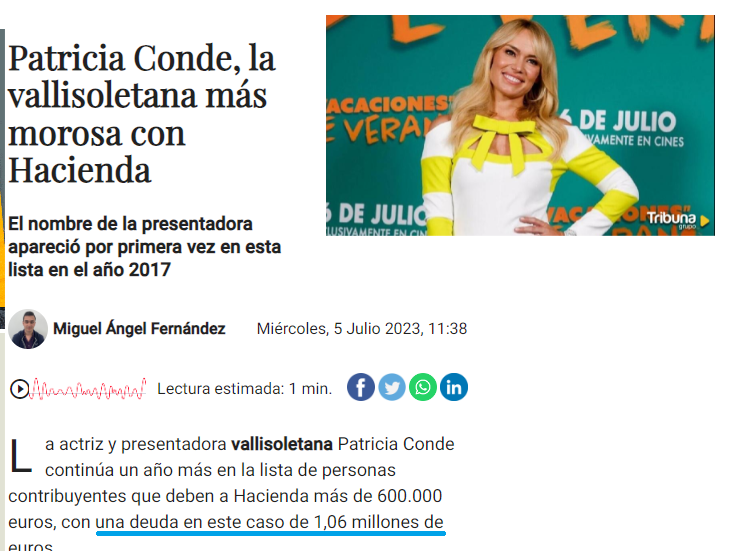 ¿Cómo es posible que una televisión pública <a href="/rtve/">RTVE</a> contrate a una persona como Patricia Conde que arrastra una deuda con Hacienda de más de un millón de euros? Es un mal ejemplo y un insulto a la ciudadanía que paga impuestos. #MotaLive @cdi