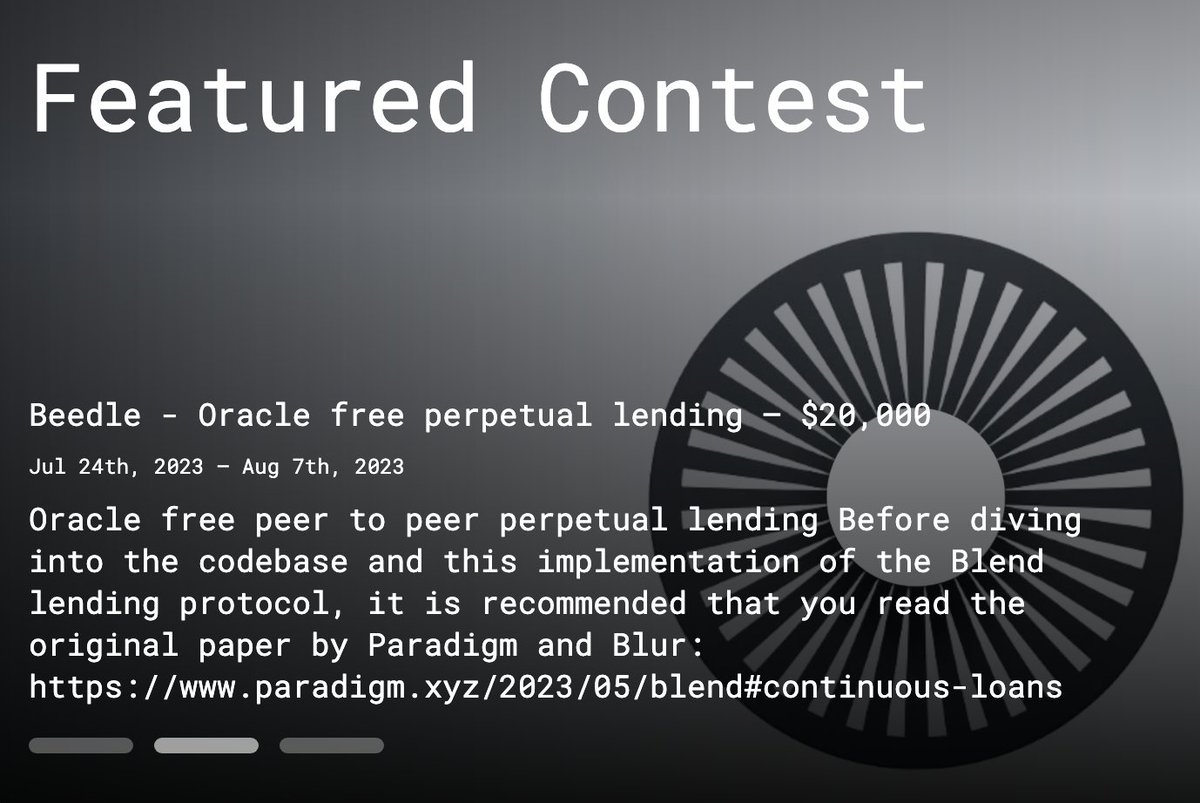The <a href="/beedlefi/">Beedle</a> smart contract audit contest details have been announced!!

- $20,000 prize pool
- Starts July, 24th 

This oracle-free perpetual trading dapp is inspired by <a href="/blur_io/">Blur</a> &amp; <a href="/nascentxyz/">Nascent (legacy)</a>. 

Register for CodeHawks to participate 👇