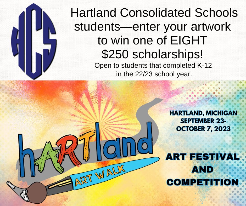 HartlandLiving's tweet photo. @hartlandschools students can enter the Art Walk competition with no entry fee! We have EIGHT $250 scholarships to give away: (2 each) for K-4; 5-6; 7-8; and 9-12. It can be artwork they completed during the 22/23 school year! https://t.co/cEHrjDZZAG https://t.co/nxOGhsPMmo