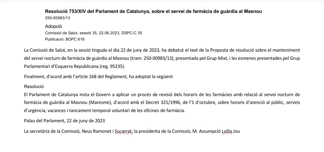 A finals de juny es varen presentar les resolucions del Parlament sobre recuperació Ucies 24h i pediatria al CAP #masnou i horari guàrdia farmàcies instant al govern <a href="/gencat/">Generalitat de Catalunya</a> a la seva aplicació.
<a href="/elmasnou_cat/">Ajuntament del Masnou</a> @ERC_acordmasnou <a href="/FemMasnou/">Fem Masnou</a> <a href="/pscelmasnou/">PSC- El Masnou</a> @juntsxcatmasnou