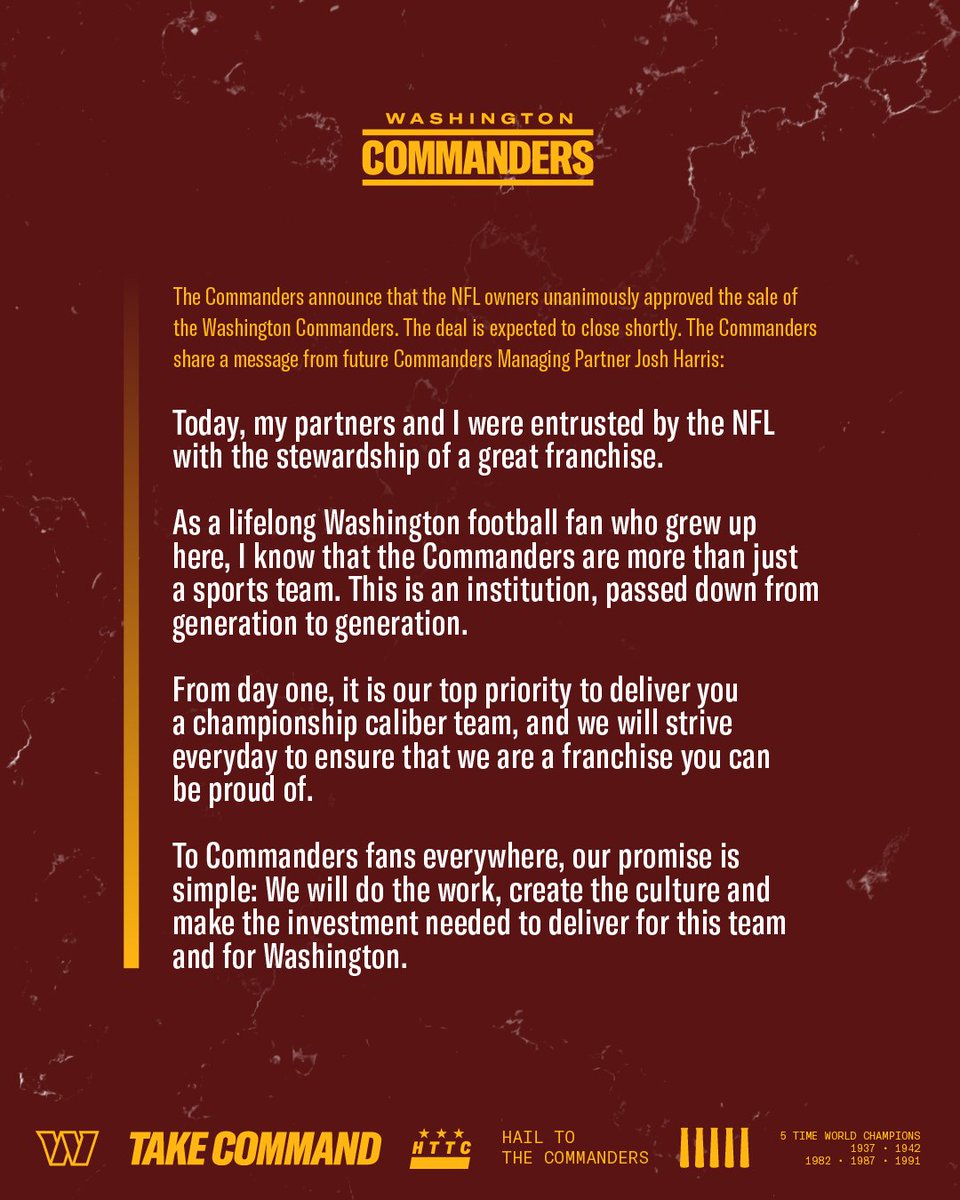 Commanders's tweet image. Approved and expected to close shortly ✅

A message from Josh Harris ⤵️